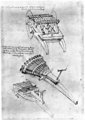 Drawing of multi-barrelled guns by Leonardo da Vinci  c 1500.