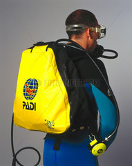 Frogman wearing a Mini Breather scuba backpack  2001.