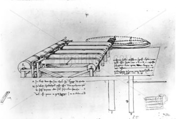 Cloth raising machine from Leonardo da Vinci’s notebooks  late 15th century.
