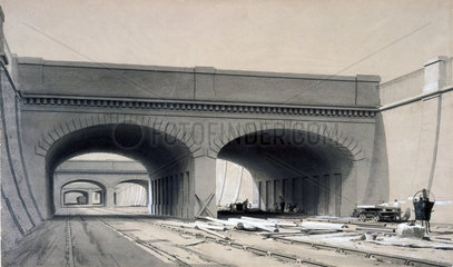 View near Euston Station  London  with three overbridges  September 1837.