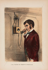 ‘A Bell telephone and transmitter in practical use’  c 1890.