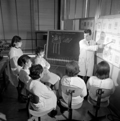 Training at Agrate components  group instruction in classroom with tutor. 1965.