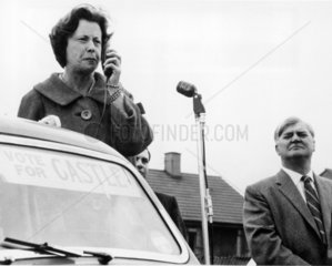 Barbara Castle addressing workers as Aneuri