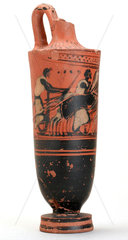 Red pottery jug with chariot illustration  Greek  480-470 BC