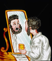 A bearded man after using hair restorer  magic lantern slide  19th century.