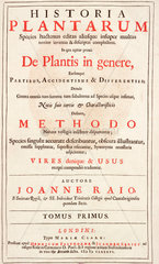 Title page from ‘The History of Plants’ by John Ray  1686.