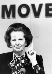 Margaret Thatcher pointing and smirking  June 1987.