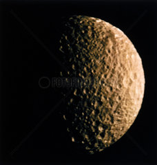 Mimas  one of the moons of Saturn  photographed by Voyager 1  1980.