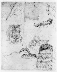 Sketch of a left hand  a body and a roof structure  15th century.