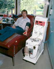 Blood donor at the North London Blood Transfusion Centre  1980.