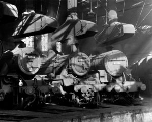 Steam locomotives in the Nottingham Roundhouse  18 February 1962.