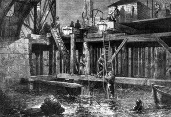 Diving  old Westminster Bridge  London  1861.