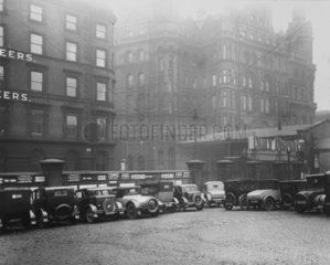 Cars in the forecourt of Manchester Central Station  29 October 1929.