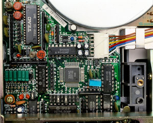 Interior of a computer floppy disk unit  c 1980s.