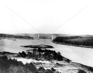 Suspension Bridge crossing Menai Straits  Wales  c 1898.
