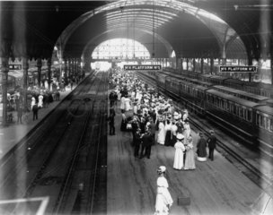 Crowds at Paddington Station  London  2 July 1908.