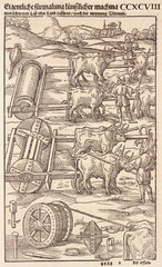Machinery for conveying heavy loads over land pulled by oxen  1548.