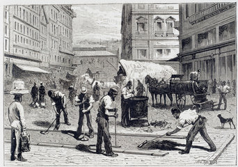 Council workers laying compressed asphalt  Paris  c 1881.