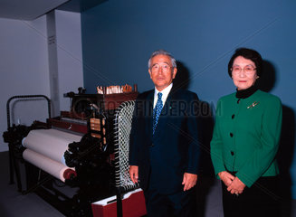 Shoichiro Toyoda and his wife with Toyoda automatic loom  London  2000.