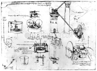 Page from da Vinci notebook illustrating pumps  late 15th century.