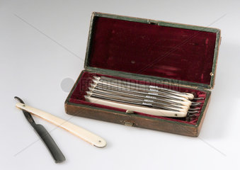 Set of seven cut throat razors  c 1880.
