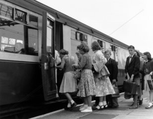 Pupils joining the special train for Norwich at Shenfield Station  June 1955.