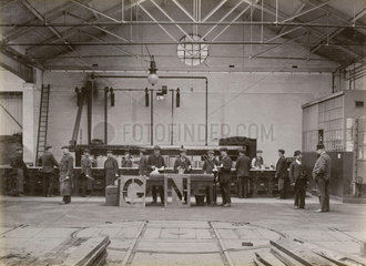 Workers using stencils  Doncaster works  South Yorkshire  c 1916.