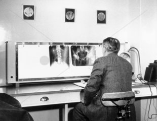 Studying x-rays at Charterhouse Rheumatism Clinic in London  March 1955.