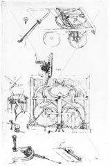 Mechanically propelled car and gear mechanisms  from da Vinci’s notebooks.