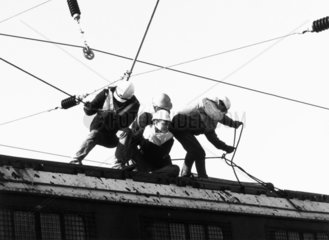 Workmen electrifying the East Coast Main Line  1989.