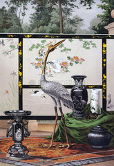 Embroidered screen with bronze and porcelain items  Japanese  1876.