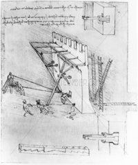 Leonardo’s designs for device for overturning scaling ladders  c 1480s.