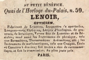 Trade card of Lenoir  optician  19th century.