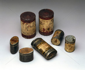 Specimens of early tinned food  c 1899-1902.