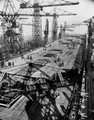 Hull of TS 'Queen Mary' under construction showing upper deck  1934.