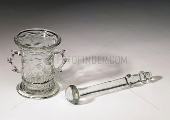 Glass mortar and pestle  c 17th century.