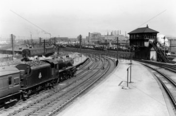 Steam locomotive at Rutherglen Station  Strathclyde  May 1955.
