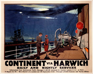 'Continent via Harwich - Daily and Nightly Services'  LNER poster  1923-1947.