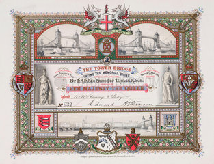 Admission ticket for the laying of the Memorial Stone  Tower Bridge  1886.