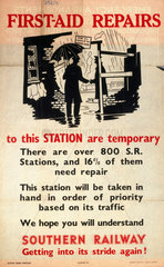 First-Aid Repairs to this Station are Temporary'  SR poster  1945.