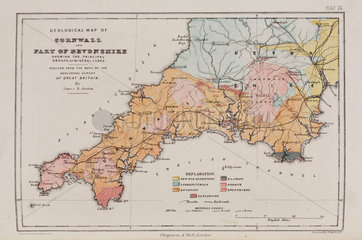 Geological map of Cornwall and part of Devon  1869.