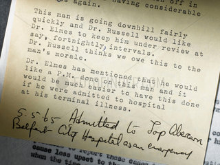 'Under review' - medical notes on a patient with terminal lung disease  1965.