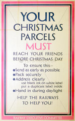 'Parcels must reach your friends before Christmas'   poster  1940s.