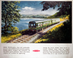 Diesel Train near Bassenthwaite Lake  BR (LMR) poster  c 1950s.