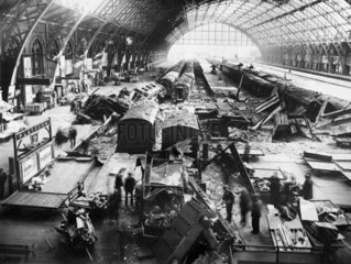 Bomb damage at St Pancras Station  London  c 1942.