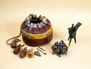 Tibetan doctor's bag  Indian cosmetic dish and Chinese libation cup.