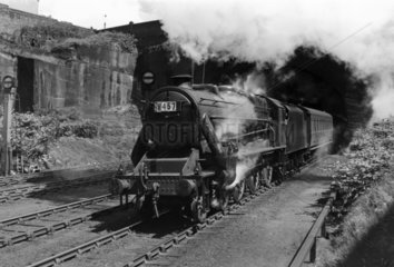 Steam locomotive leaving a tunnel  Cheshire  1950.
