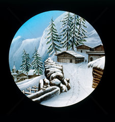 Winter scene in the mountains. Hand-coloure