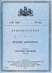 Patent specification for Arkwright's spinning machine  1769.