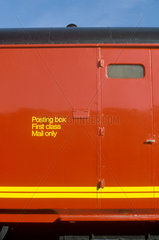 Post box on the side of a Post Office train  1993.